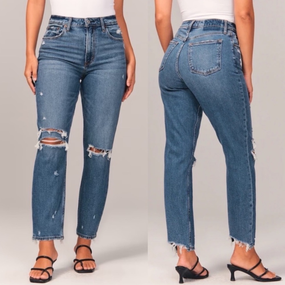 ✨NWT Abercrombie & Fitch Distressed The Mom High Rise Jeans Size 2 26 X SHORT